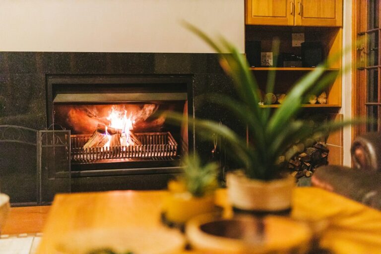 a living room with a fire in the fireplace